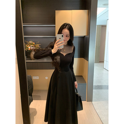 XINYI【C位小黑裙】冬季网纱拼接假两件毛呢连衣裙收腰显瘦气质裙