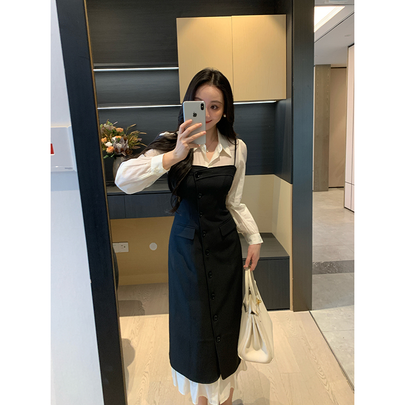 XINYI【曼夜之城】秋季衬衫拼接假两件连衣裙长款收腰显瘦气质裙