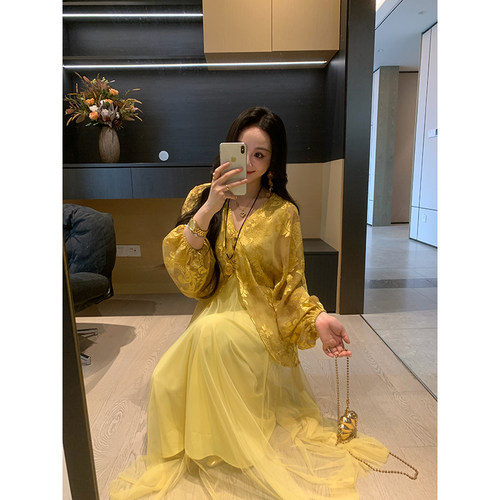XINYI【金棠砚】夏季气韵提花假两件连衣裙收腰显瘦X626Q03235