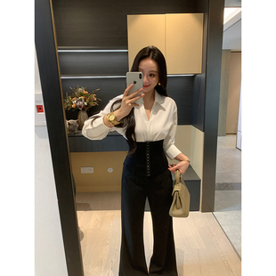 XINYI 春季 假两件腰封衬衫 女收腰显瘦百搭气质撞色衬衣 双C腰