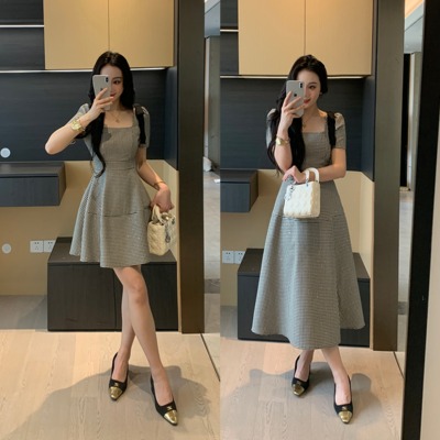XINYI【璀璨女主】夏季重工珠片格纹连衣裙收腰显瘦裙X625Q04827