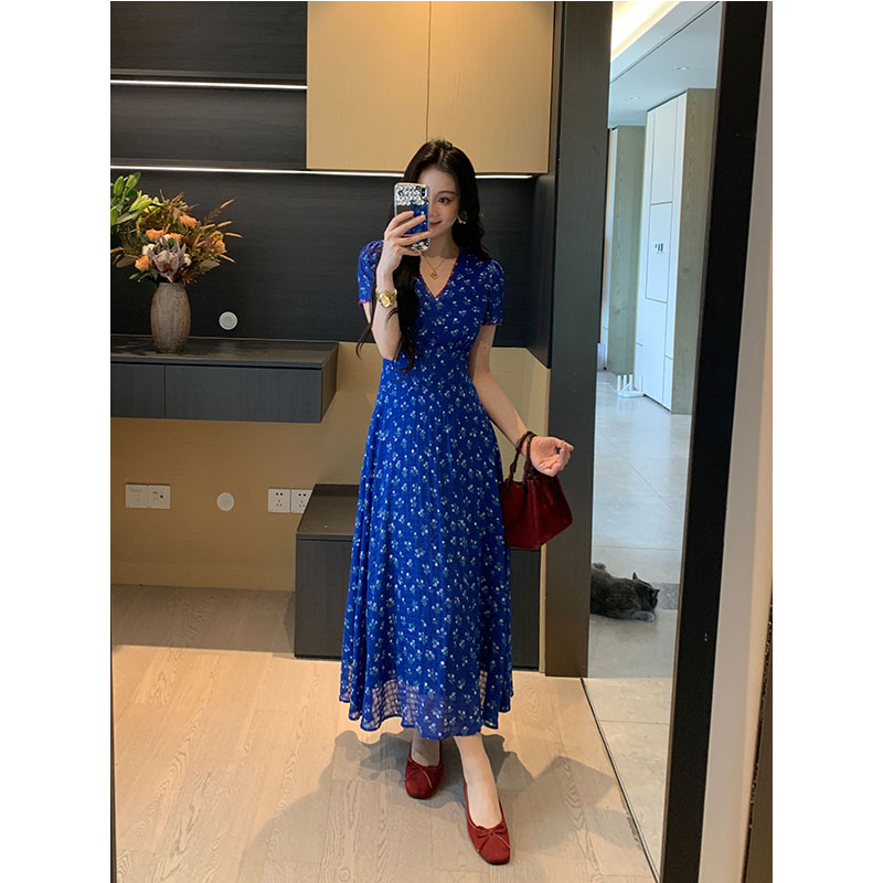XINYI【海盐白沙】夏季V领雪纺连衣裙女收腰显瘦气质裙X625Q09945