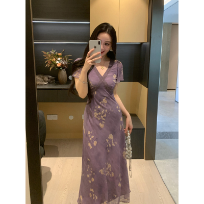 XINYI【紫雾花影】夏季小雏菊印花雪纺连衣裙收腰显瘦X626Q06016