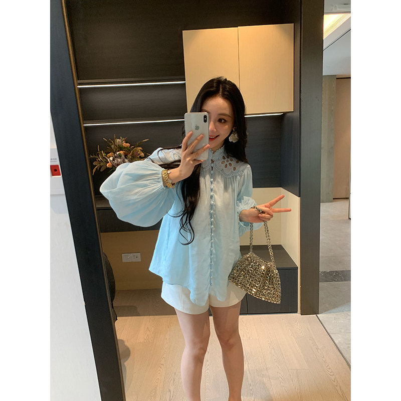 XINYI【海盐薄荷】春季刺绣苎麻衬衫女显瘦百搭简约灯笼袖衬衣