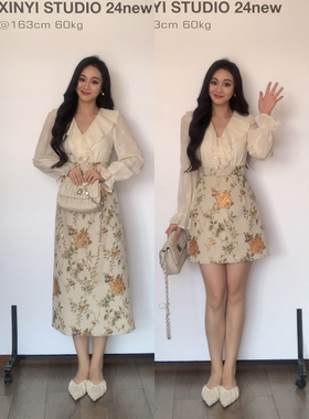 XINYI【油画少女】秋季假两件拼接提花连衣裙收腰显瘦X624A15746