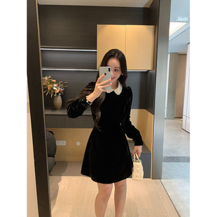 XINYI 秋冬高定娃娃领订钻丝绒连衣裙收腰显瘦气质 世家千金