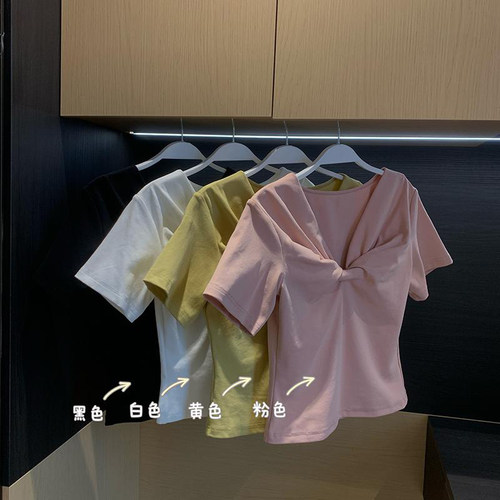 XINYI【春日来信】春季95%棉弹力V领短袖T恤女显瘦上衣X626Y00363