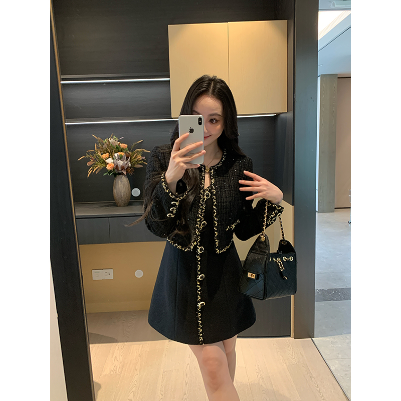 XINYI【罗曼香宴】秋季高定粗花呢羊毛外套+背心连衣裙显瘦套装女