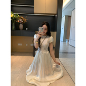 夏季 XINYI 苏丽珍珠 丝绒剪花拼接连衣裙收腰显瘦裙X625Q10723