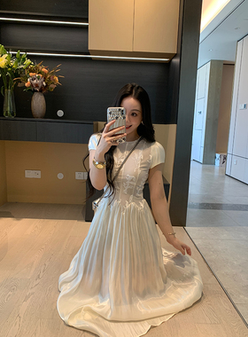 XINYI【苏丽珍珠】夏季丝绒剪花拼接连衣裙收腰显瘦裙X625Q10723