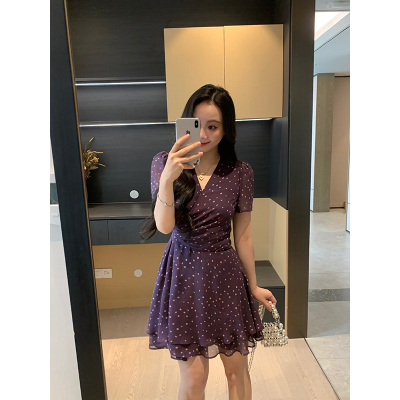 XINYI【葡萄冰萃】夏季V领雪纺波点连衣裙收腰显瘦气质X625Q12143