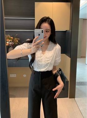 XINYI【塞尔维亚】夏季V领蕾丝拼接衬衫女显瘦百搭衬衣X625C11355