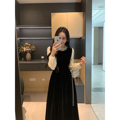 XINYI【月下舞曲】冬季高定钉珠假两件撞色丝绒连衣裙收腰显瘦
