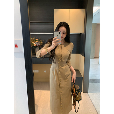 XINYI【心动降临】秋季七分袖风衣连衣裙女长款收腰显瘦气质裙