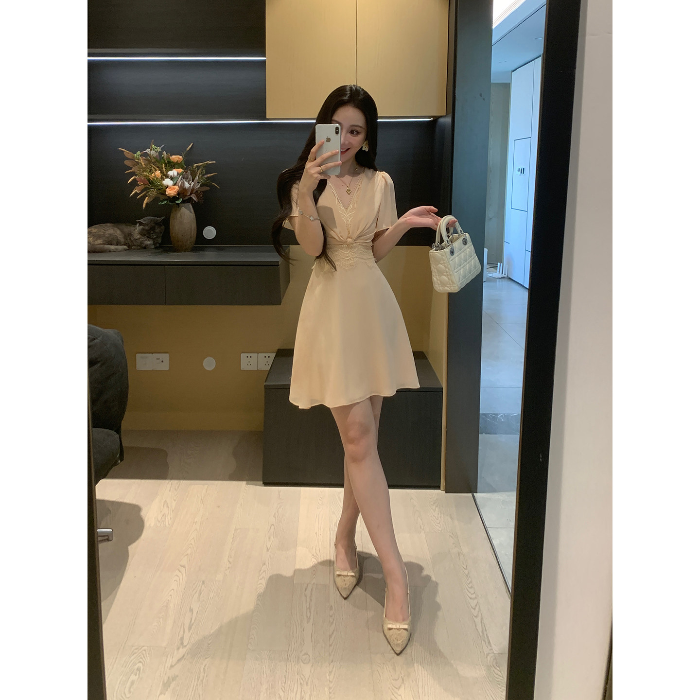 XINYI【浮华梦影】夏季睫毛蕾丝雪纺连衣裙收腰显瘦X626Q04142
