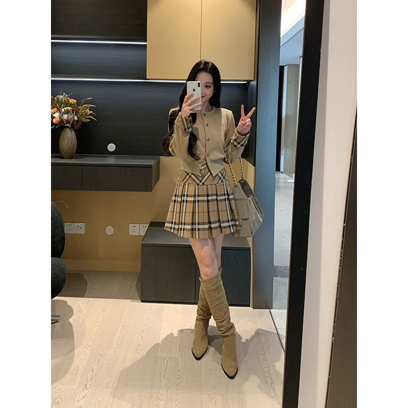 XINYI【英伦学院】冬季针织上衣+格纹高腰半身裙显瘦气质套装女,女装/女士精品,时尚套装,淘宝优惠券,粉丝福利购,淘宝优惠卷