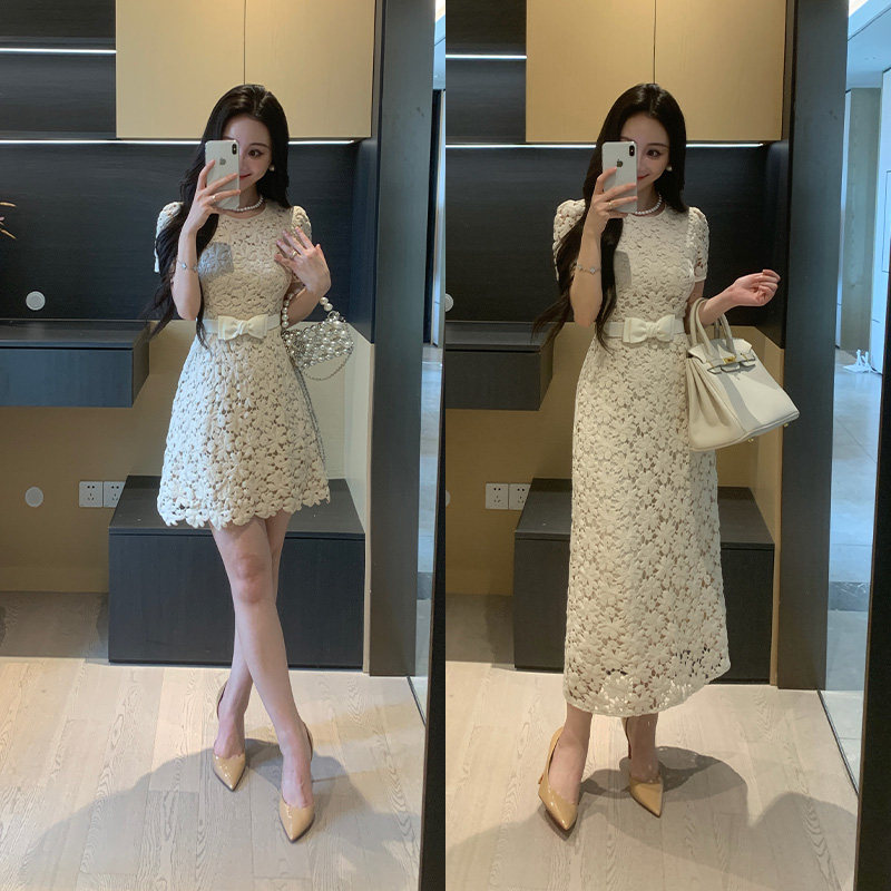 XINYI【柔雾白茶】夏季100%棉高密刺绣蕾丝连衣裙收腰显瘦气质