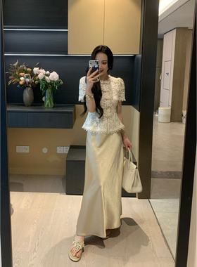 XINYI【浮光锦绣】夏季蕾丝镂空上衣+缎面鱼尾裙套装女X625A08036