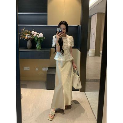 XINYI【浮光锦绣】夏季蕾丝镂空上衣+缎面鱼尾裙套装女X625A08036