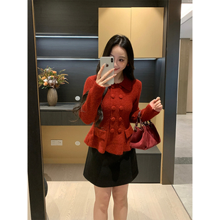 XINYI【红火新年】冬季娃娃领双排扣毛衣女显瘦百搭气质针织小衫