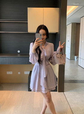 XINYI【紫丁香】春夏珍珠雪纺连衣裙收腰显瘦气质裙X625Q02647