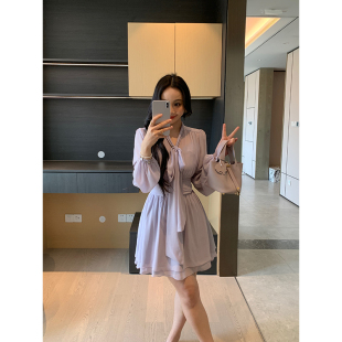 XINYI 春夏珍珠雪纺连衣裙收腰显瘦气质裙X625Q02647 紫丁香