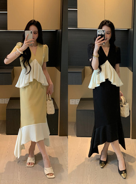 XINYI【布朗尼】夏季缎面拼接上衣+高腰长半裙显瘦套装X625A11135