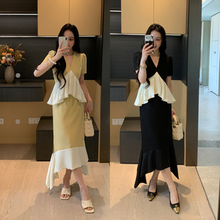 高腰长半裙显瘦套装 XINYI 缎面拼接上衣 夏季 X625A11135 布朗尼