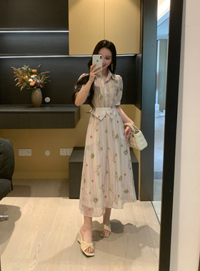 XINYI【春日桃枝】夏季莱赛尔天丝刺绣条纹显瘦连衣裙X626Q06044
