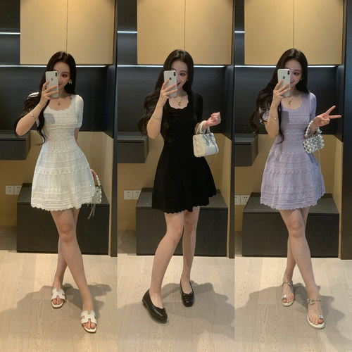 镂空白色连衣裙女夏季法式微胖mm