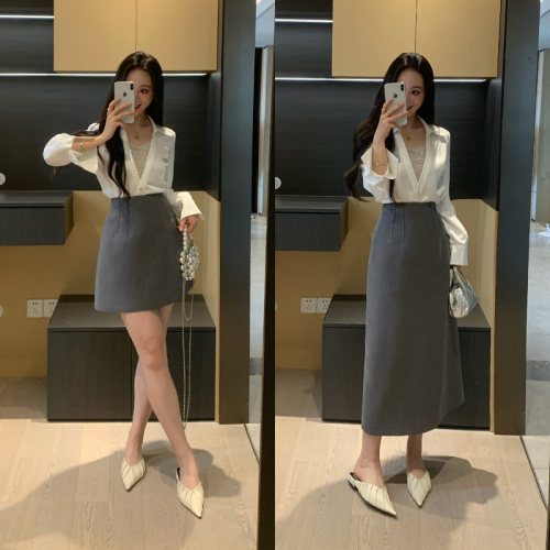 XINYI【星光点点】法式珠链缎面衬衫+半身裙高腰显瘦气质套装女