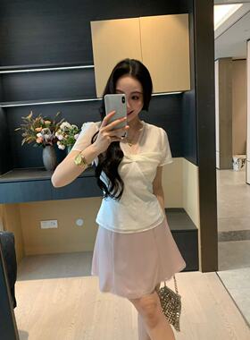 XINYI【白茶少女】夏季薄纱上衣+缎面短半裙显瘦套装女X625A09755