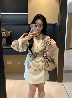 XINYI【老钱美学】夏季V领天丝上衣+短半裙显瘦套装女X625A12303