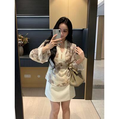 XINYI【老钱美学】夏季V领天丝上衣+短半裙显瘦套装女X625A12303