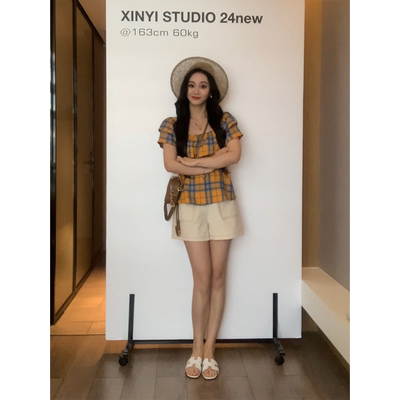 XINYI【费里假日】夏季多巴胺格纹小衫女显瘦百搭上衣X624C09782