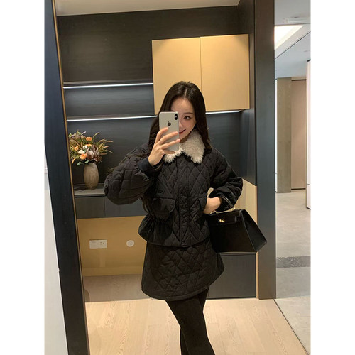 XINYI【巴恩千金】冬季绗棉短外套+高腰加绒半身裙显瘦气质套装女