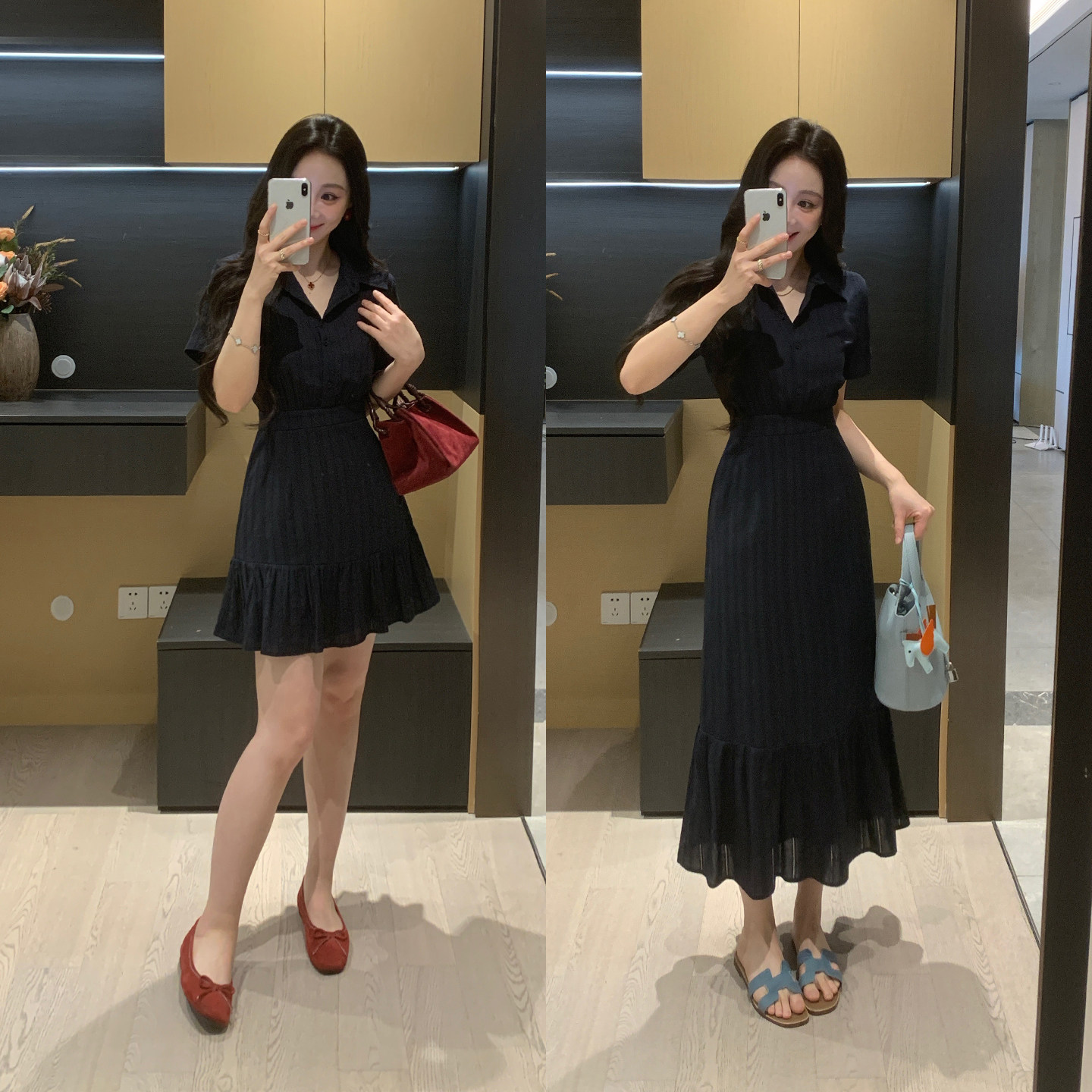 XINYI[纯纯心动]镂空衬衫连衣裙女夏微胖mm收腰显瘦大码短袖裙子