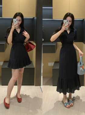 XINYI[纯纯心动]镂空衬衫连衣裙女夏微胖mm收腰显瘦大码短袖裙子