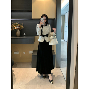 XINYI【香颂千金】秋季格纹小香外套+丝绒长半裙显瘦气质套装女