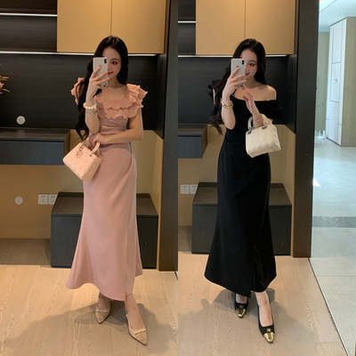 XINYI【罗曼蒂克】夏季木耳边斜肩连衣裙收腰显瘦气质X625Q09954