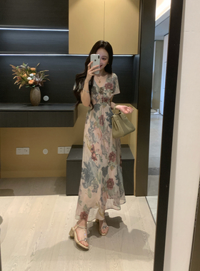 XINYI【油画玫瑰】夏季荷叶袖印花雪纺连衣裙收腰显瘦气质长裙