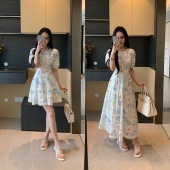 XINYI 浪漫花园 春夏仿麻印花连衣裙收腰显瘦氛围感X625Q02333