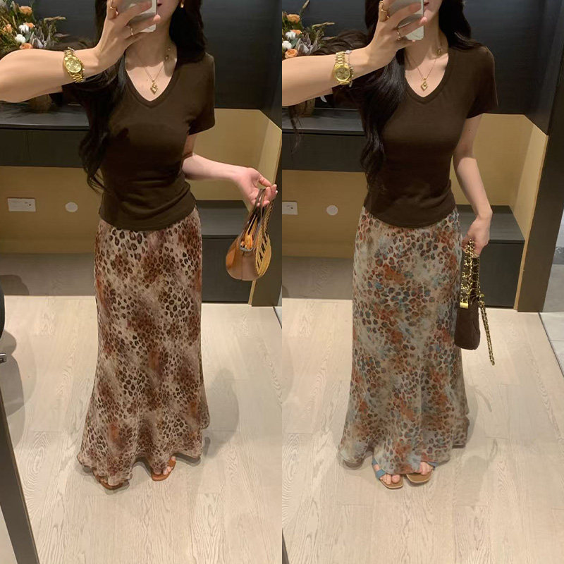 XINYI【古早美学】夏季高腰印花豹纹半身裙女显瘦百搭松紧长裙