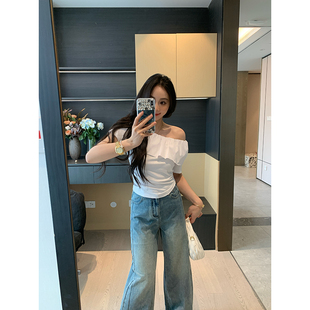女显瘦百搭X625E05613 XINYI 时髦公式 夏季 荷叶边一字肩小衫