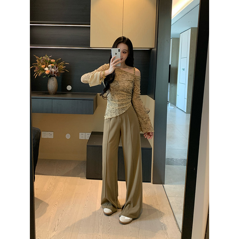 XINYI【秋日画廊】秋季一字肩扎染小衫+休闲西装裤高腰显瘦套装女,女装/女士精品,时尚套装,淘宝优惠券,粉丝福利购,淘宝优惠卷