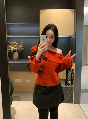 XINYI【节日限定】冬季红色荷叶领斜肩毛衣女显瘦气质百搭针织衫