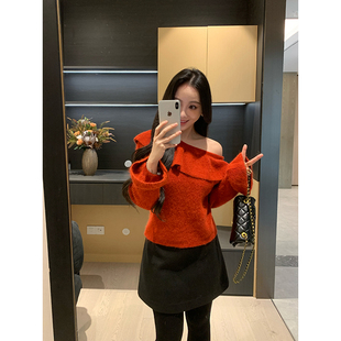 红色荷叶领斜肩毛衣女显瘦百搭X625X21963 冬季 XINYI 节日限定