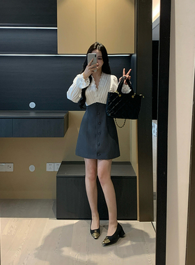 XINYI【高智女友】春季拼接撞色连衣裙女收腰显瘦气质X625Q01959