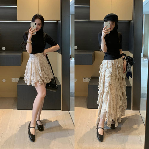 XINYI【蝶舞依依】春季弹力中袖T恤+波点雪纺半身裙显瘦气质套装
