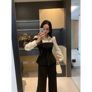 天丝拼接假两件上衣 春季 智性晚风 女 休闲裤 显瘦套装 西装 XINYI